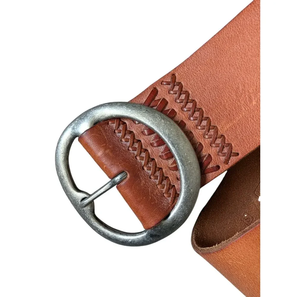 Fossil Tan Brown Leather Wide Waist Belt Size Small Modern Centerbar Whimsigoth
